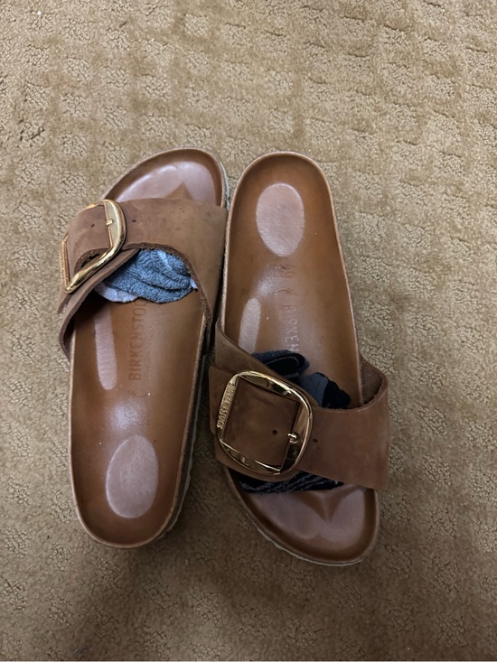 Birkenstock Shoes - Birkenstock Brown Leather Buckle Slide Sandals